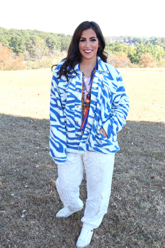Zebra Print Collared Oversized Jacket - Blue